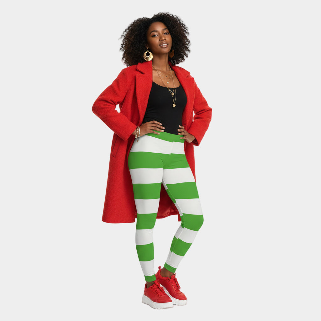 Green & White Bold Stripe Leggings — All-Over Print Printify