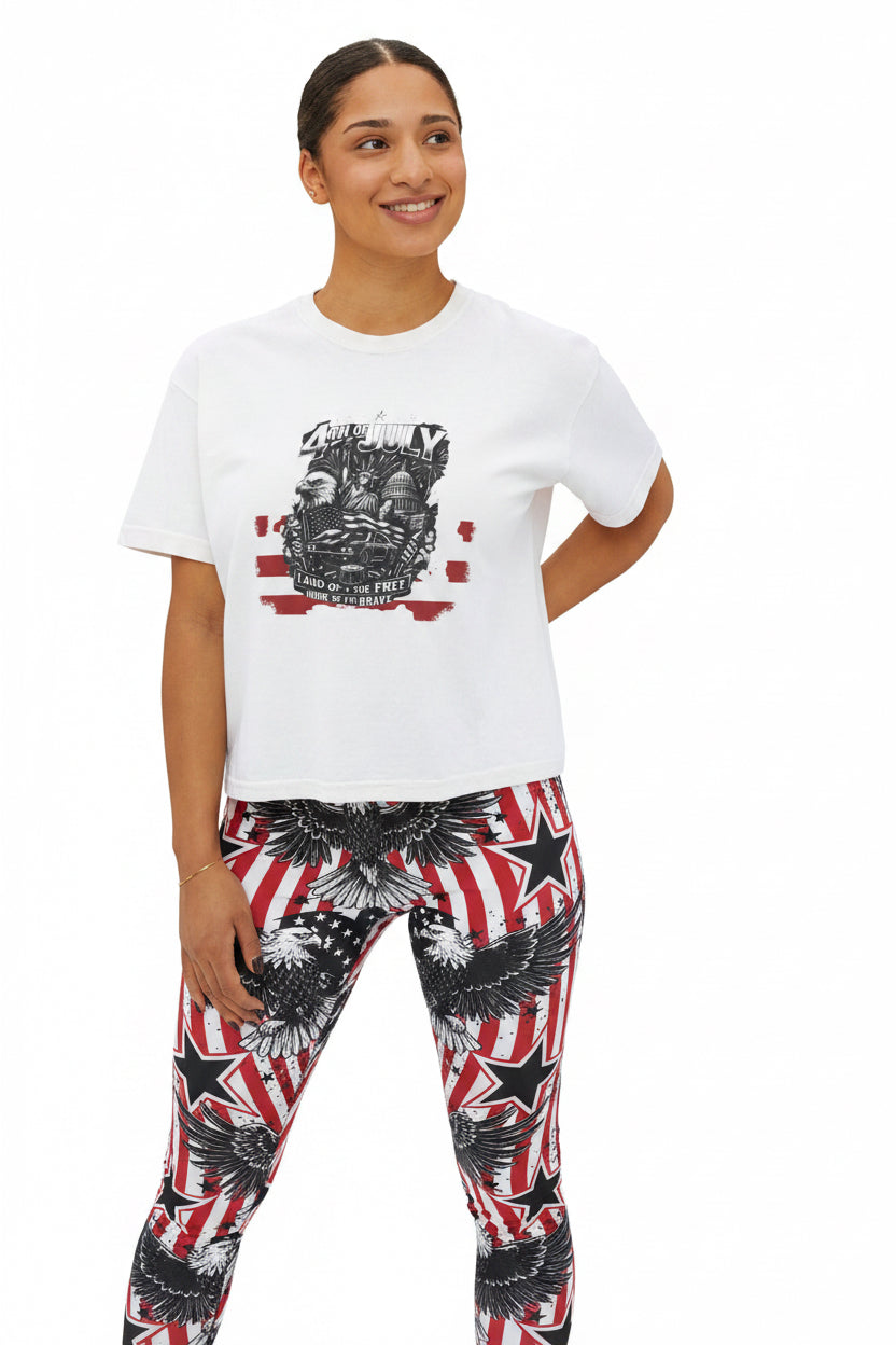 Women's Boxy Tee — Patriotic 'Land of the Free' Vintage Eagle Graphic