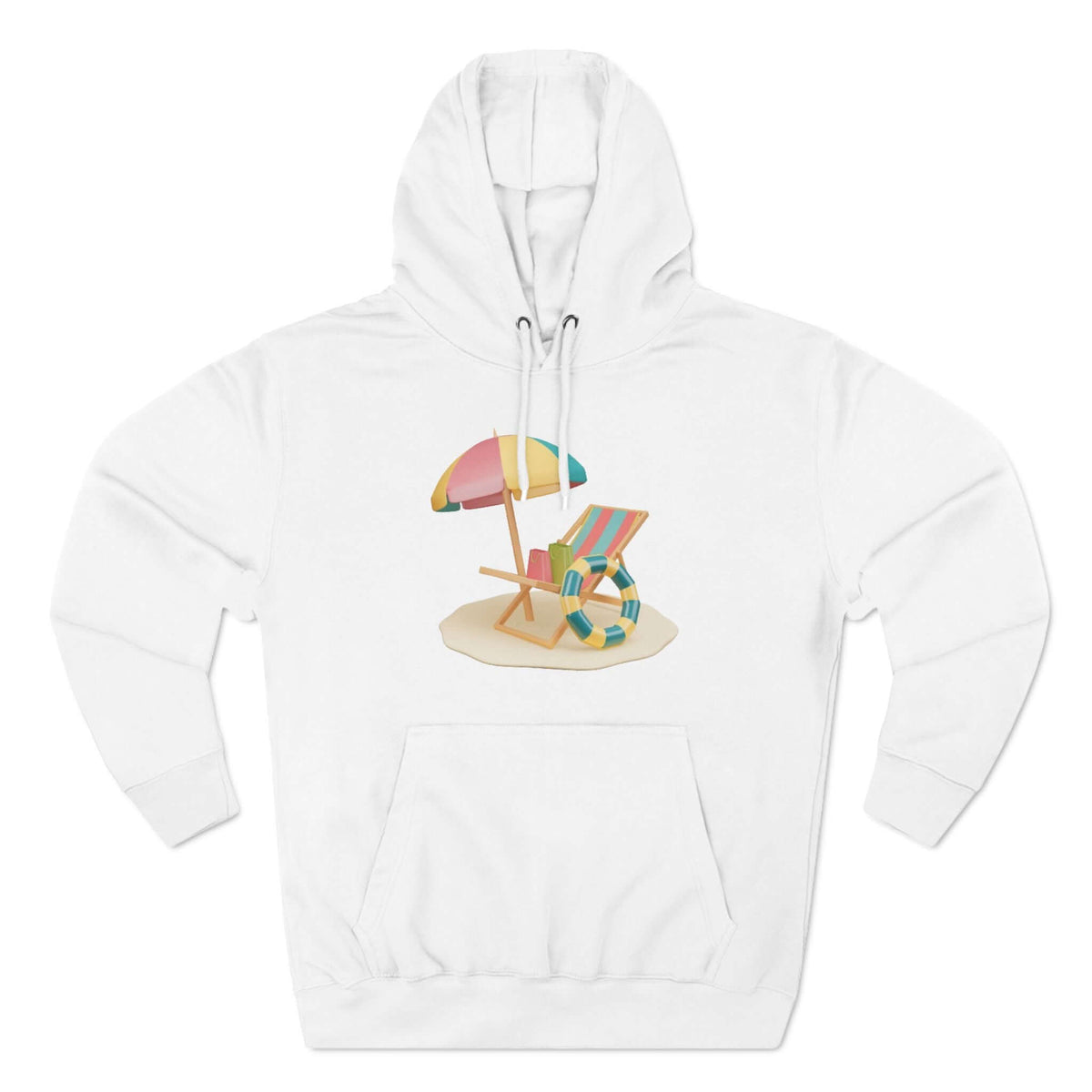 White hoodie featuring a beach scene with an umbrella and lounge chair, perfect for casual summer wear.