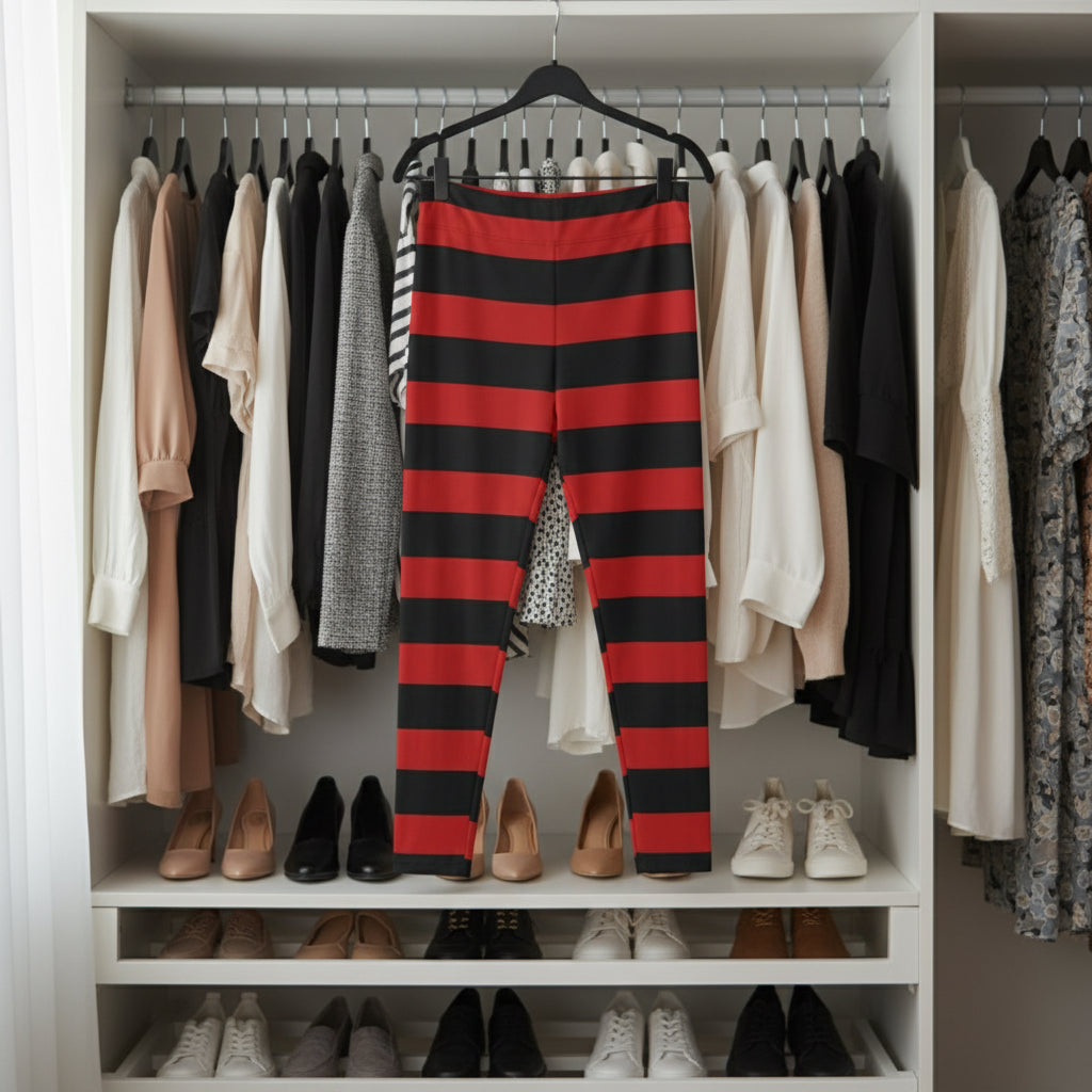 Striped Red & Black Leggings — Women's Casual All-Over Print Printify