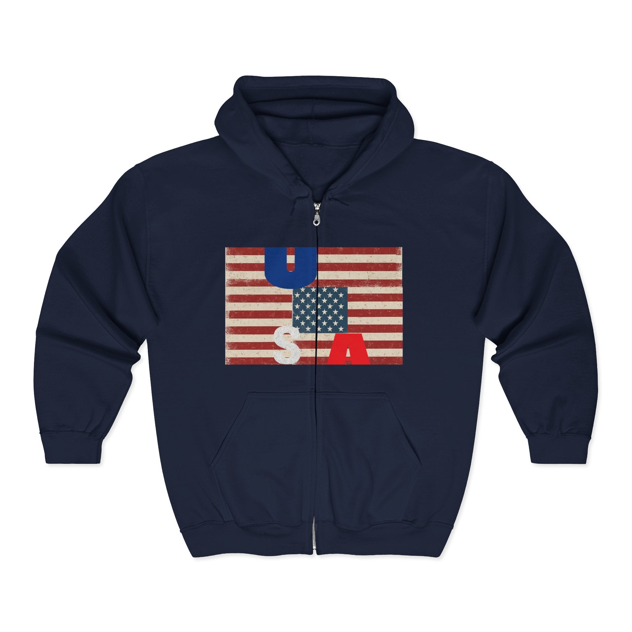 Vintage American Flag Zip-Up Hoodie, Patriotic Sweatshirt for Men and Women, Cozy Casual Wear, Perfect for Independence Day, Gifts for [...] Printify