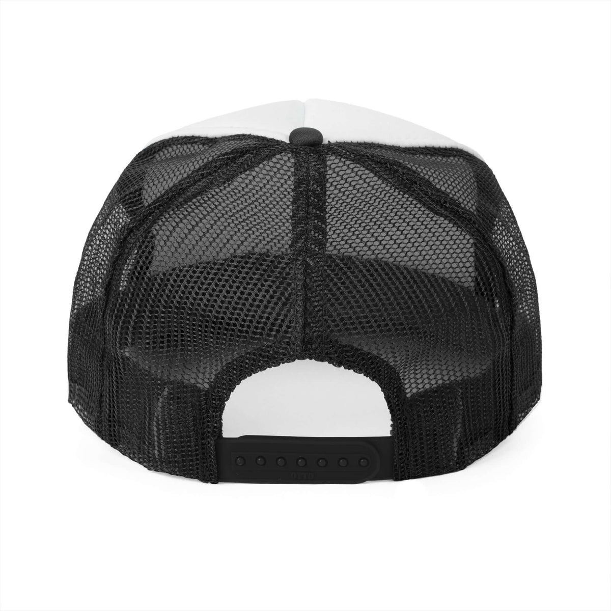 back view of RC'nSONS Sunny Resort Trucker Cap showcasing black mesh design and adjustable snap closure.