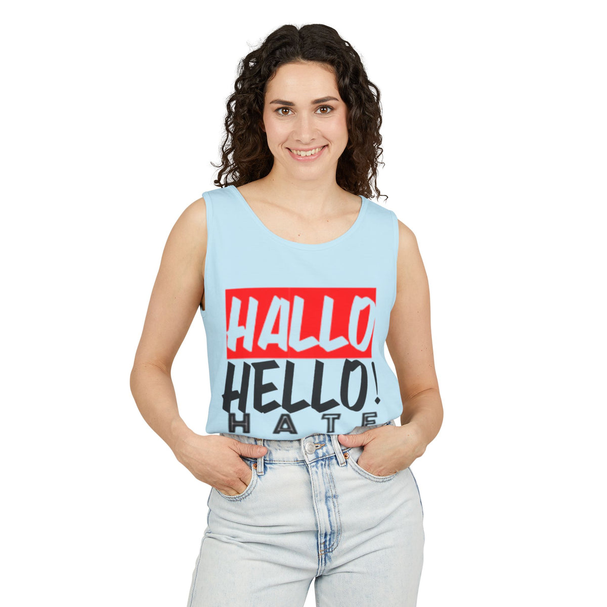 Unisex Garment-Dyed Tank Top - 'Hallo Hello Hate Less' Graphic Tee for Positive Vibes