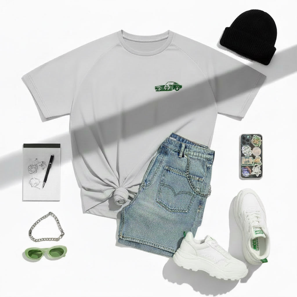 Classic Raglan Tee — Minimal Green Sports Car Chest Logo