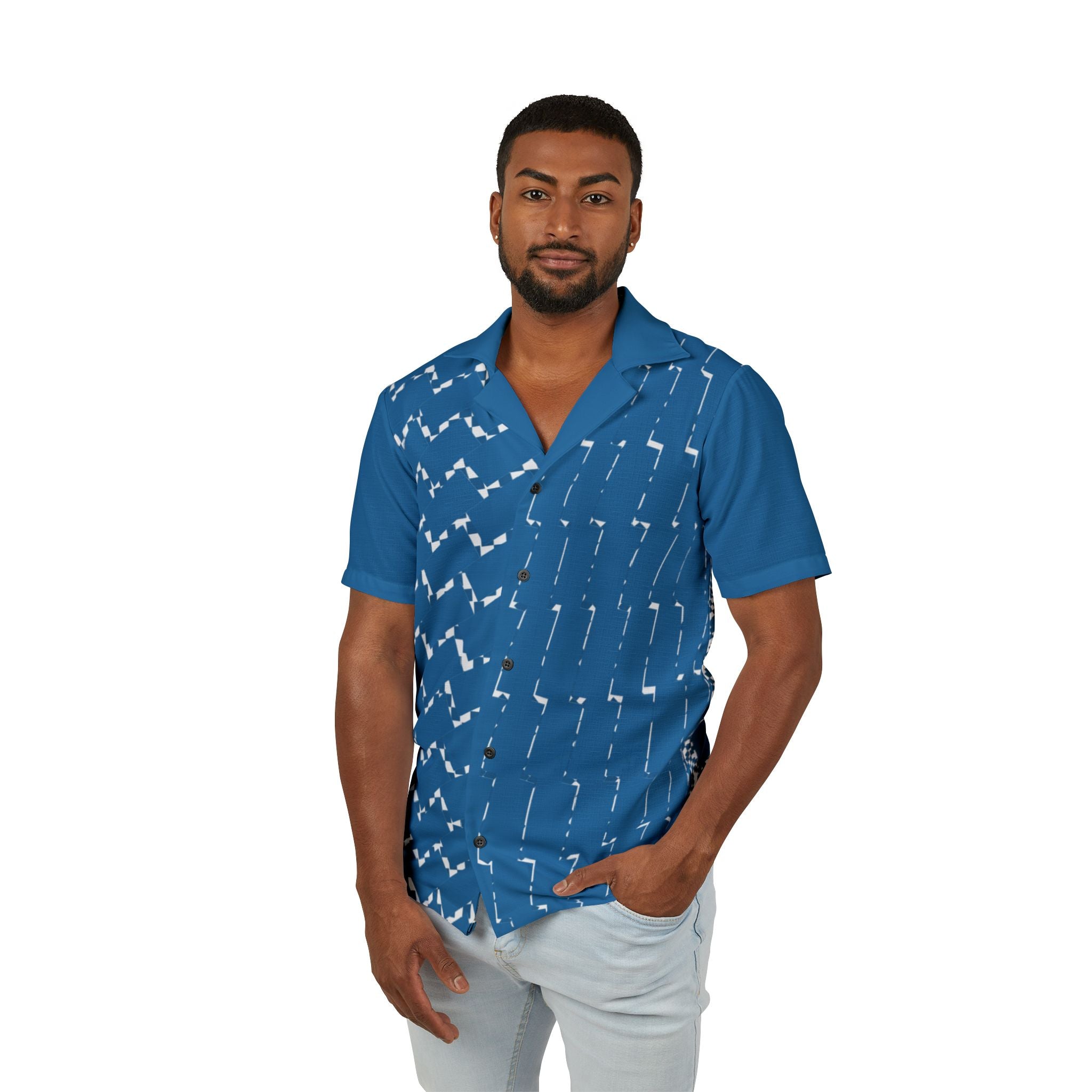 Camp Shirt, Blue Patterned Summer Shirt, Vacation Wear, Beach Style, Casual Outdoor Shirt, Luau Attire