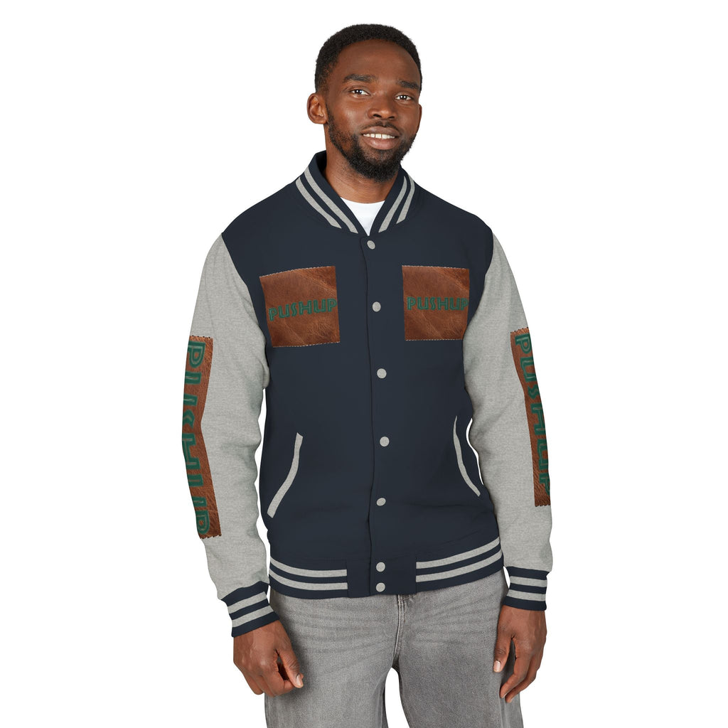 Unisex Heavyweight Letterman Jacket - Bold PUSHUP Design for Sporty Style Printify