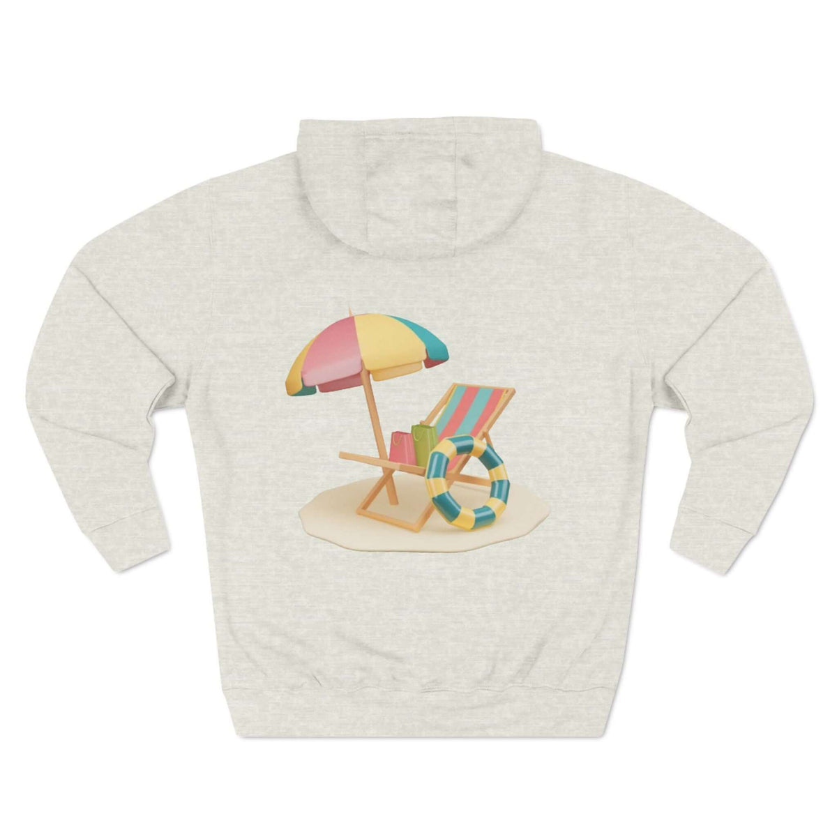 Back view of the Sunny Resort Hoodie featuring a beach chair, umbrella, and lifebuoy design on a light background.