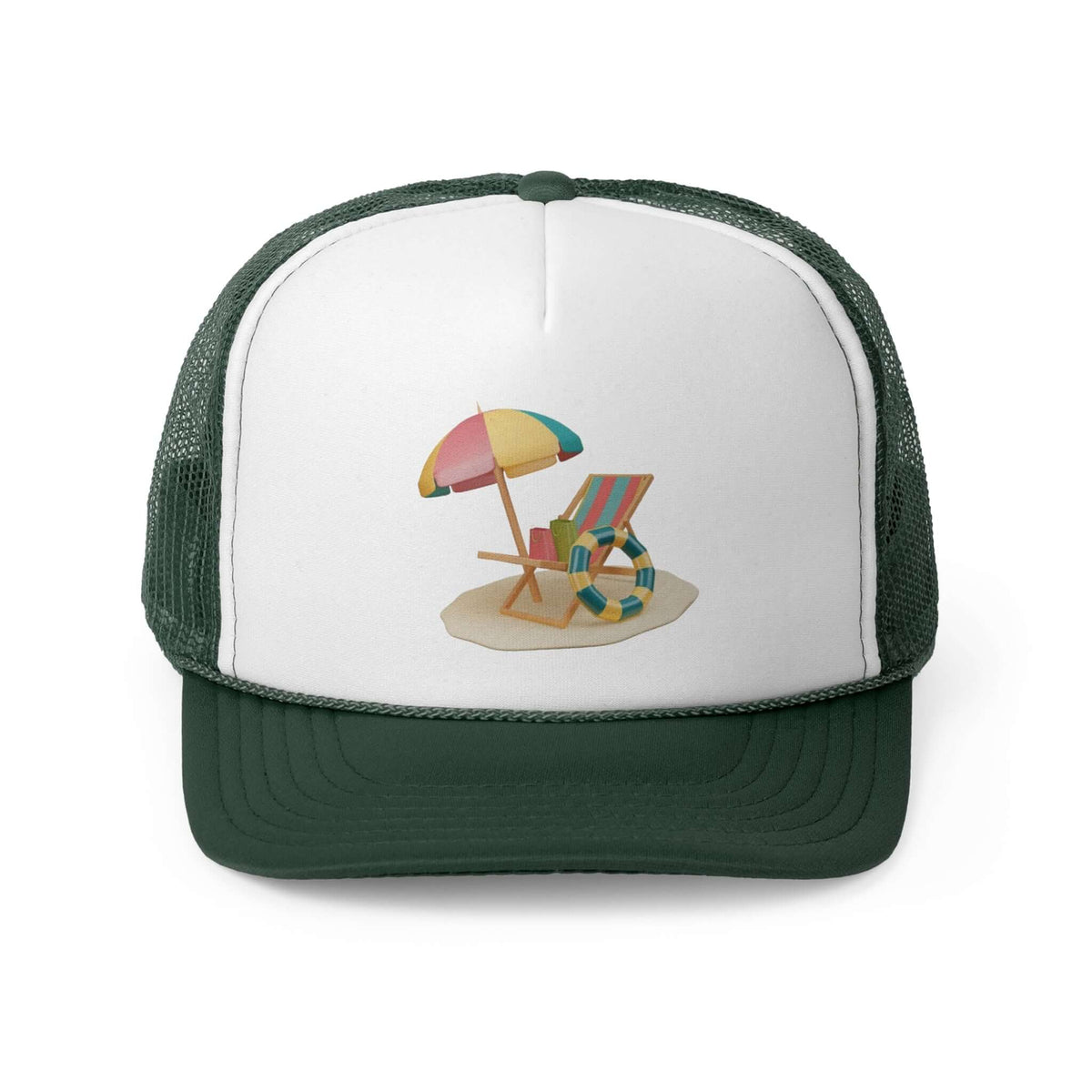 Trucker cap featuring a beach scene with a colorful umbrella and lounge chair, perfect for sunny days.