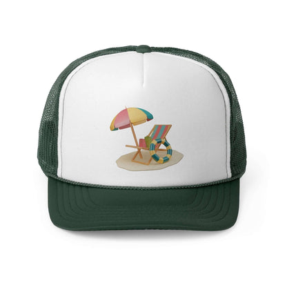 Trucker cap featuring a beach scene with a colorful umbrella and lounge chair, perfect for sunny days.