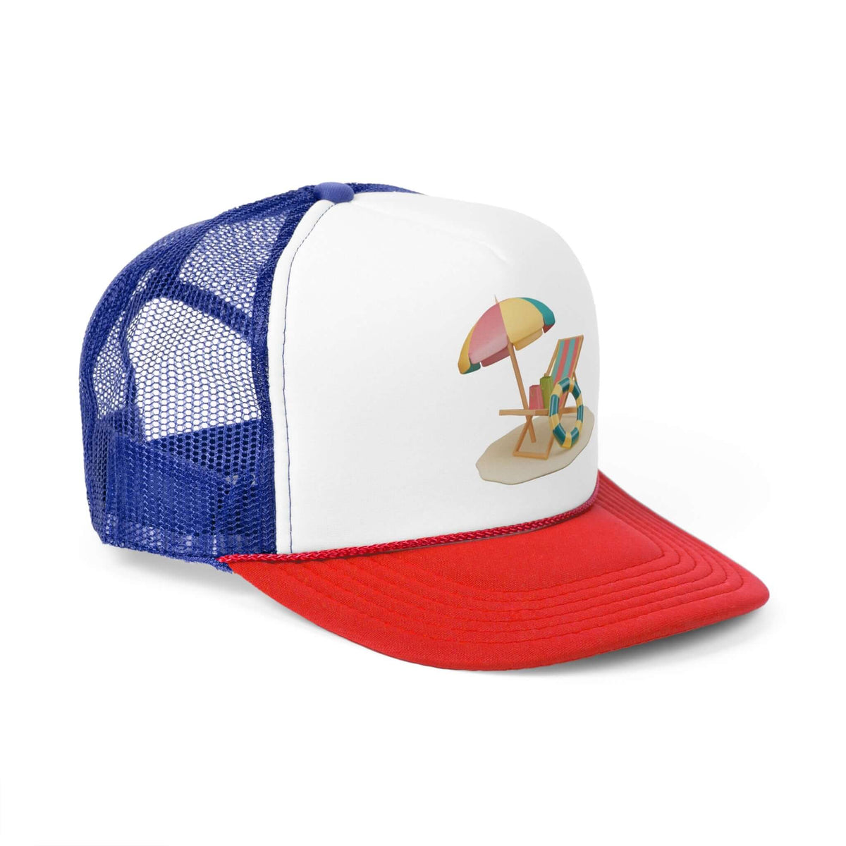 RC'nSONS Sunny Resort Trucker Cap featuring a beach umbrella design, bright colors, and mesh back for summer style.