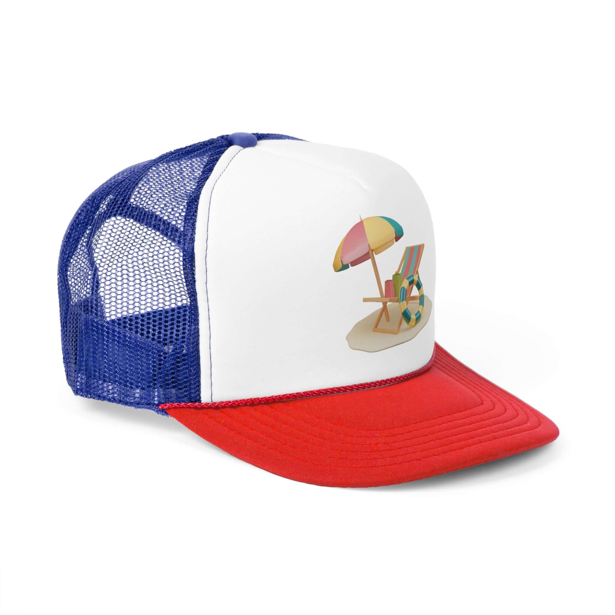 RC'nSONS Sunny Resort Trucker Cap featuring a beach umbrella design, bright colors, and mesh back for summer style.
