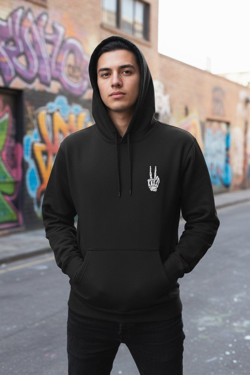 Peace Hand Graphic Hoodie — Minimal Small Chest Print, Streetwear Pullover