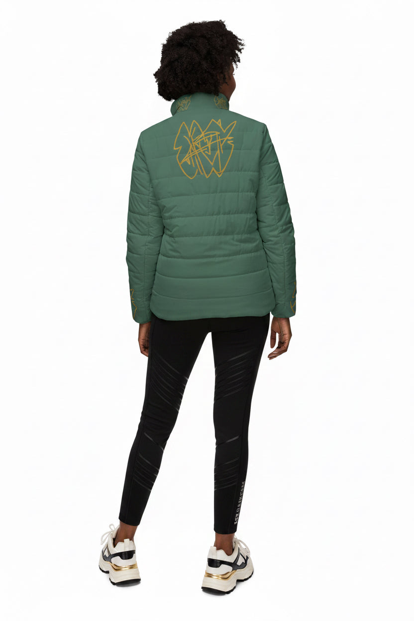 Green Women's Puffer Jacket with Subtle Gold Emblem — Lightweight Quilted Outerwear
