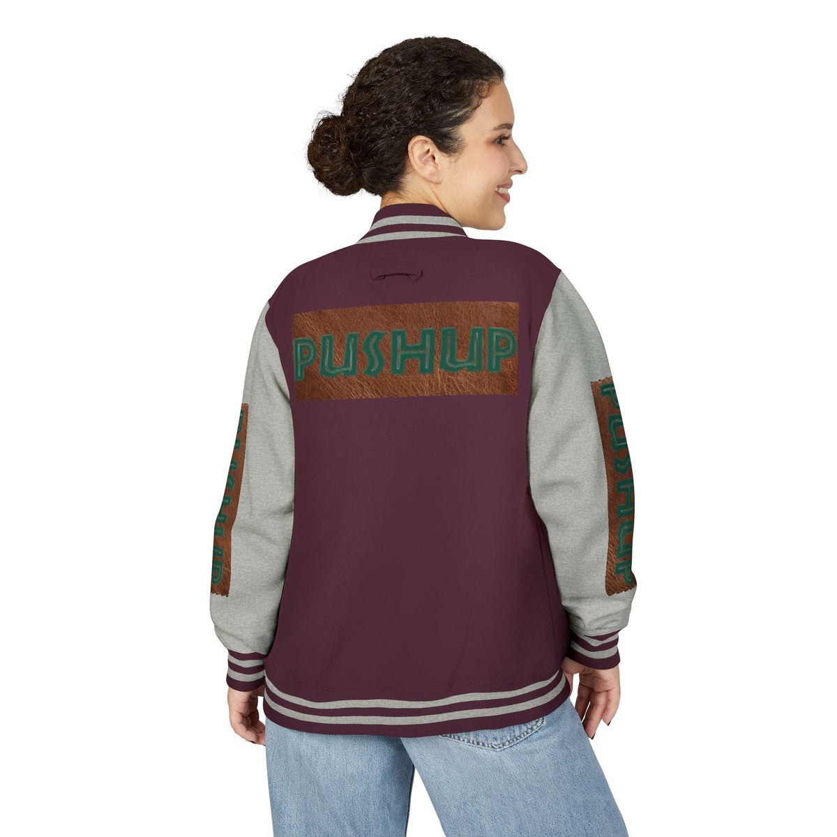 Unisex Heavyweight Letterman Jacket - Bold PUSHUP Design for Sporty Style Printify