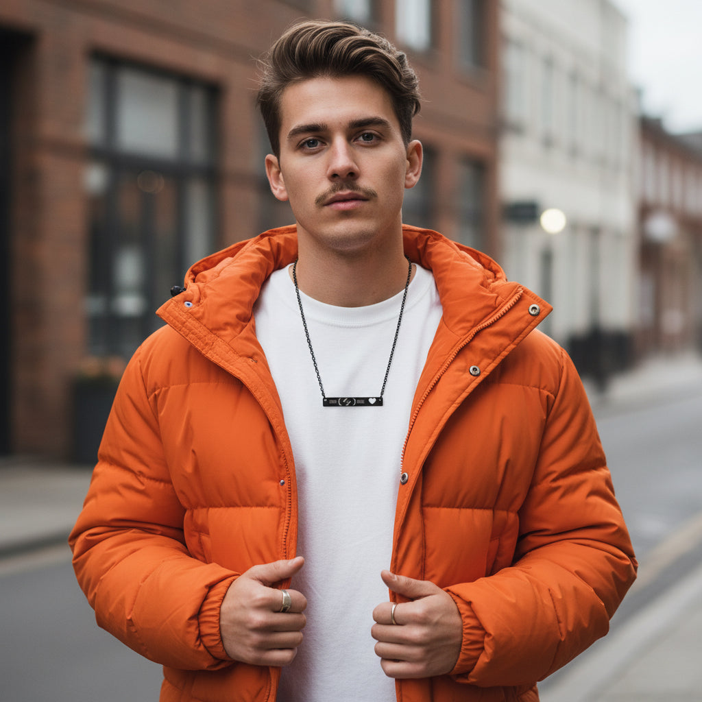 Necklace - Cutout Heart Bar Necklace (Engraving) with 'Born is being' Design Printify