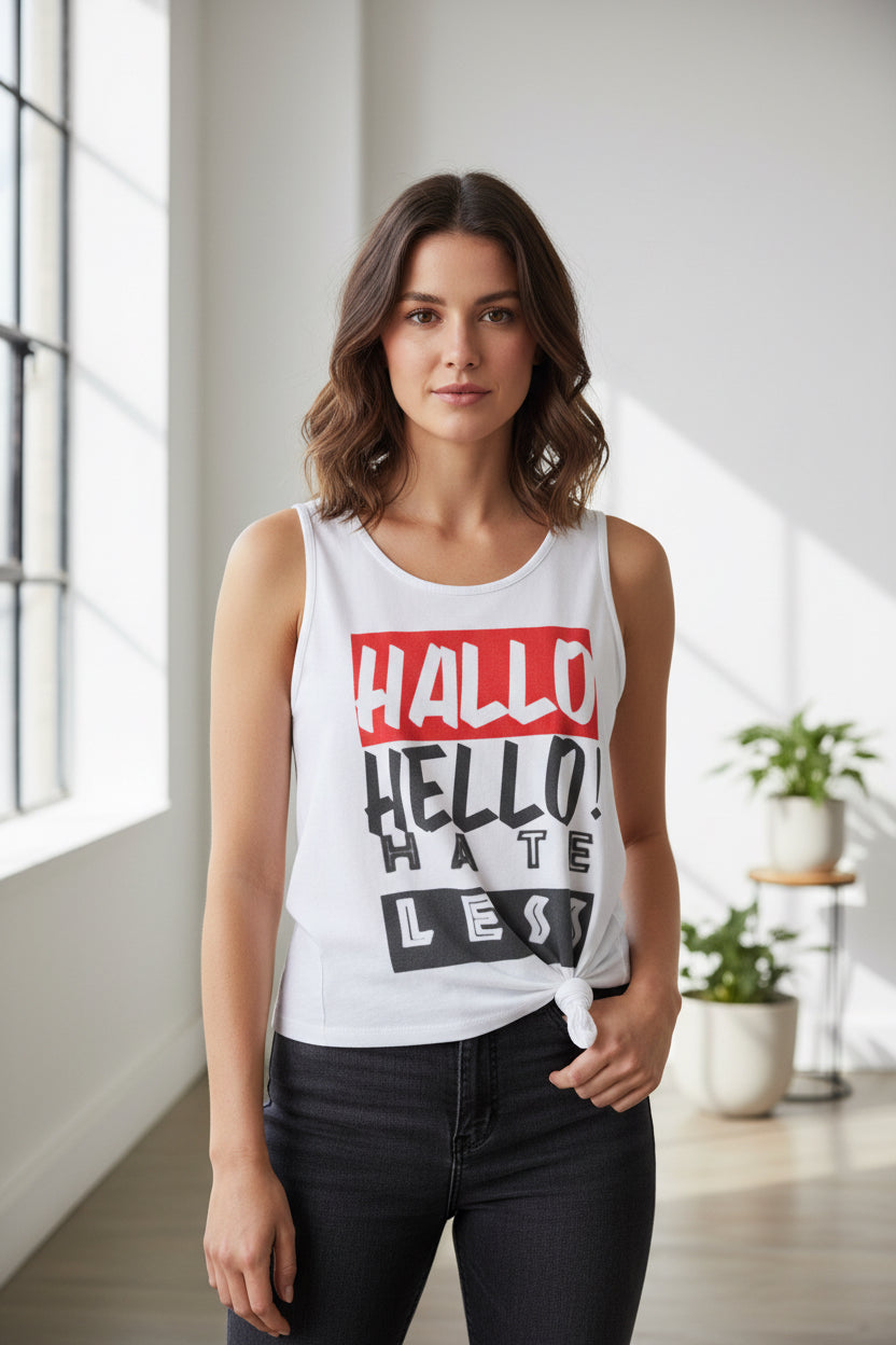 Unisex Garment-Dyed Tank Top - 'Hallo Hello Hate Less' Graphic Tee for Positive Vibes