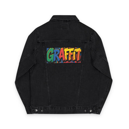 Vibrant Graffiti Embroidered Unisex Denim Jacket, Streetwear Fashion, Summer Layering, Gift for Teens, Casual Style Outfit Printify