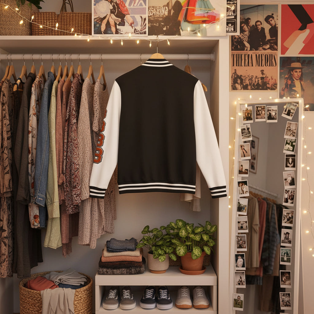 Varsity Letterman Jacket – Retro 'B' Patch Sleeve Design Printify