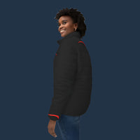 Stylish Women’s Puffer Jacket with Bold Red Accents