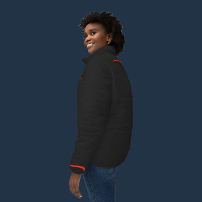 Stylish Women’s Puffer Jacket with Bold Red Accents