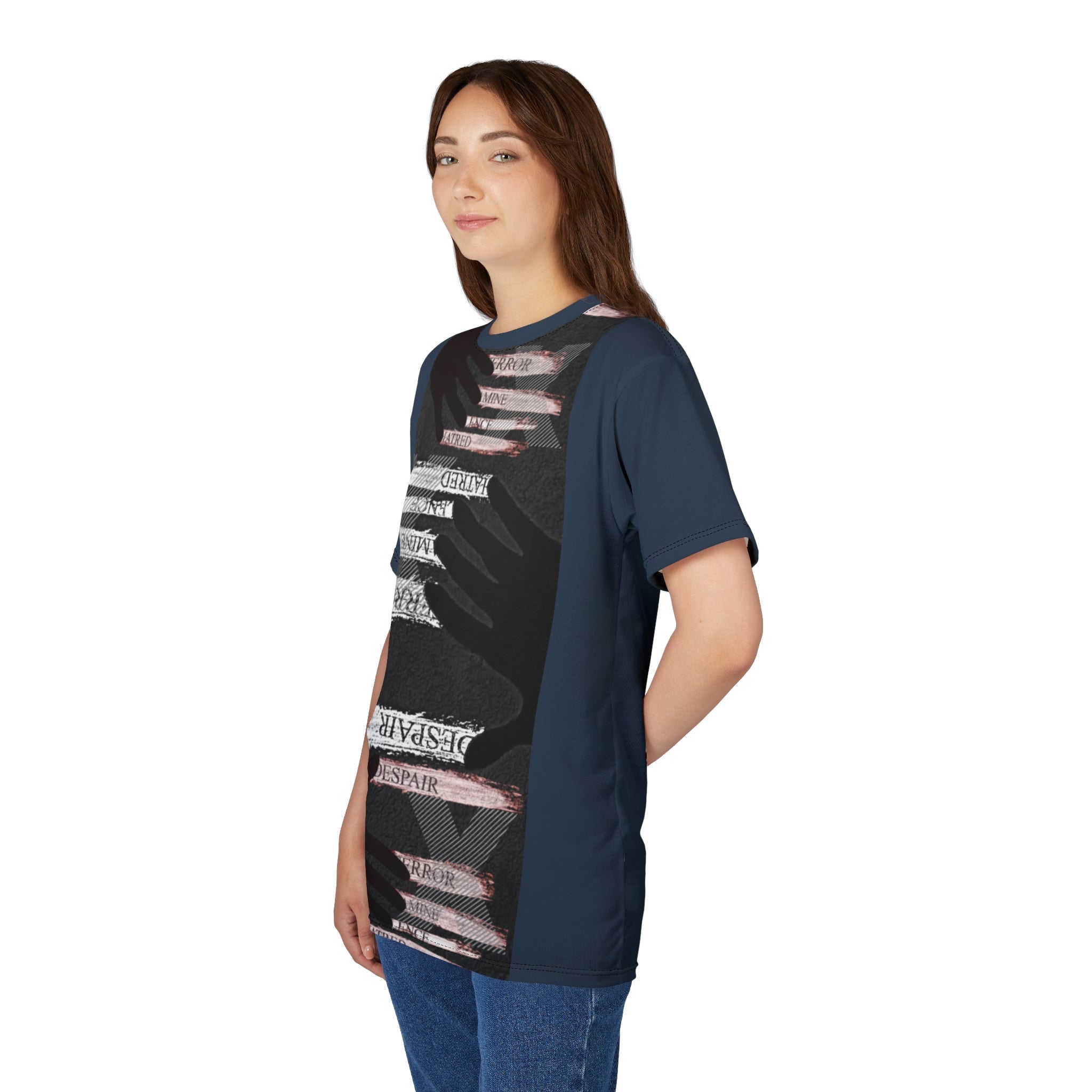Artistic Unisex Tee with Hands Design, Unique Graphic Shirt, Fashionable AOP Tee, Statement Wear, Gender-Neutral Fashion Printify