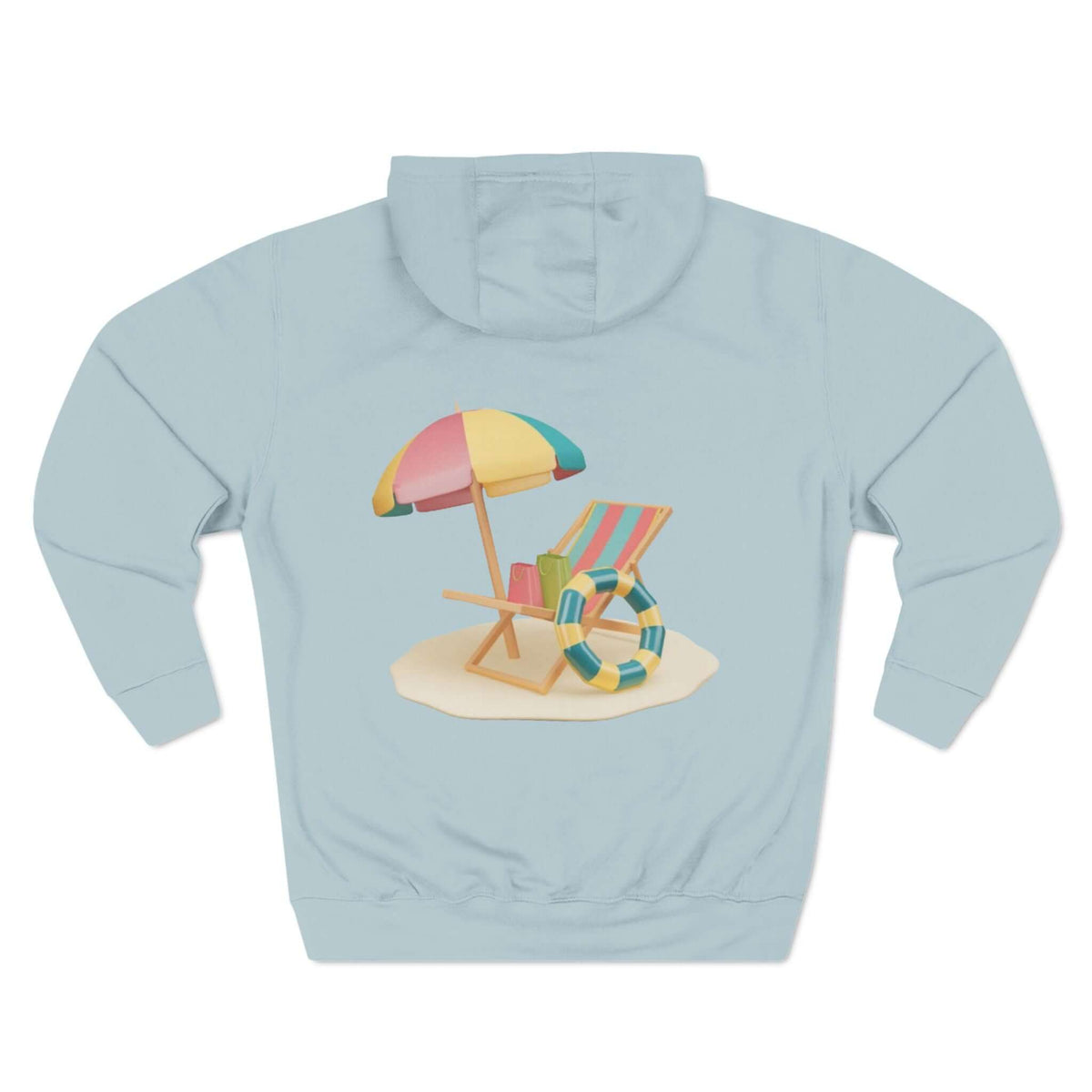 Back view of Sunny Resort Hoodie featuring a colorful beach scene with umbrella and lounge chair.