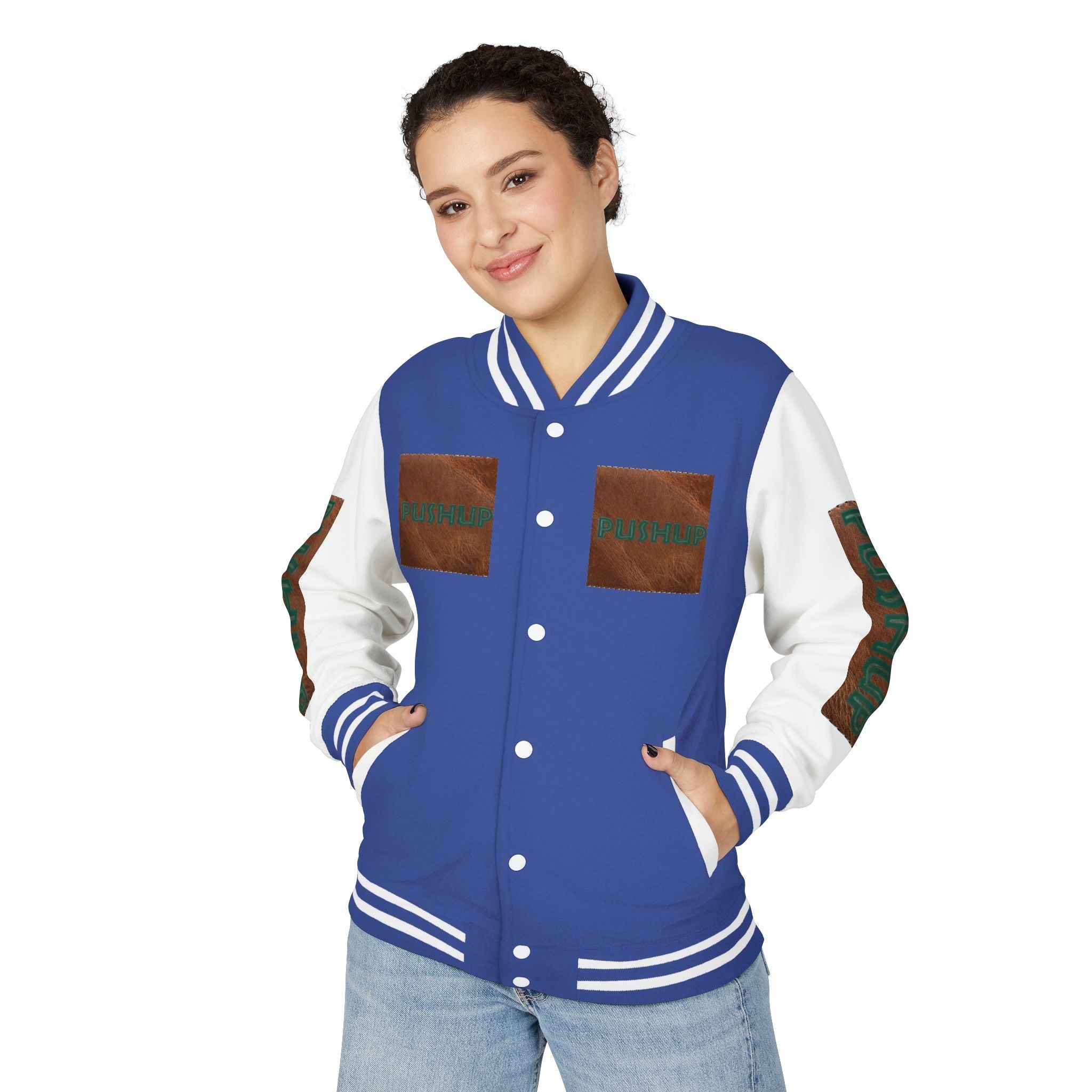 Unisex Heavyweight Letterman Jacket - Bold PUSHUP Design for Sporty Style Printify