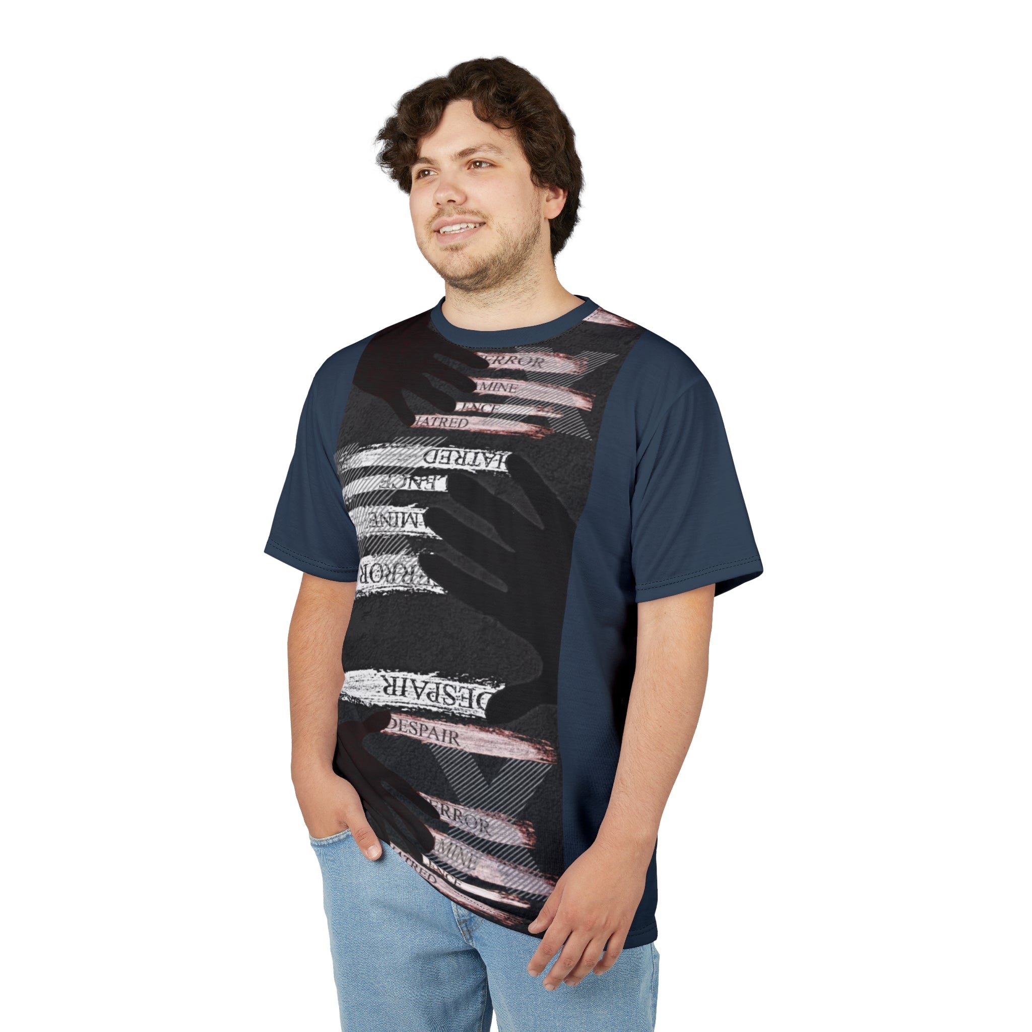 Artistic Unisex Tee with Hands Design, Unique Graphic Shirt, Fashionable AOP Tee, Statement Wear, Gender-Neutral Fashion Printify