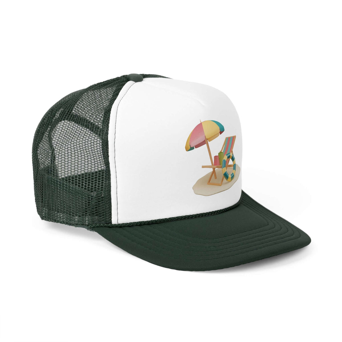 Trucker cap with beach chair and umbrella design, perfect for casual summer wear and outdoor activities.