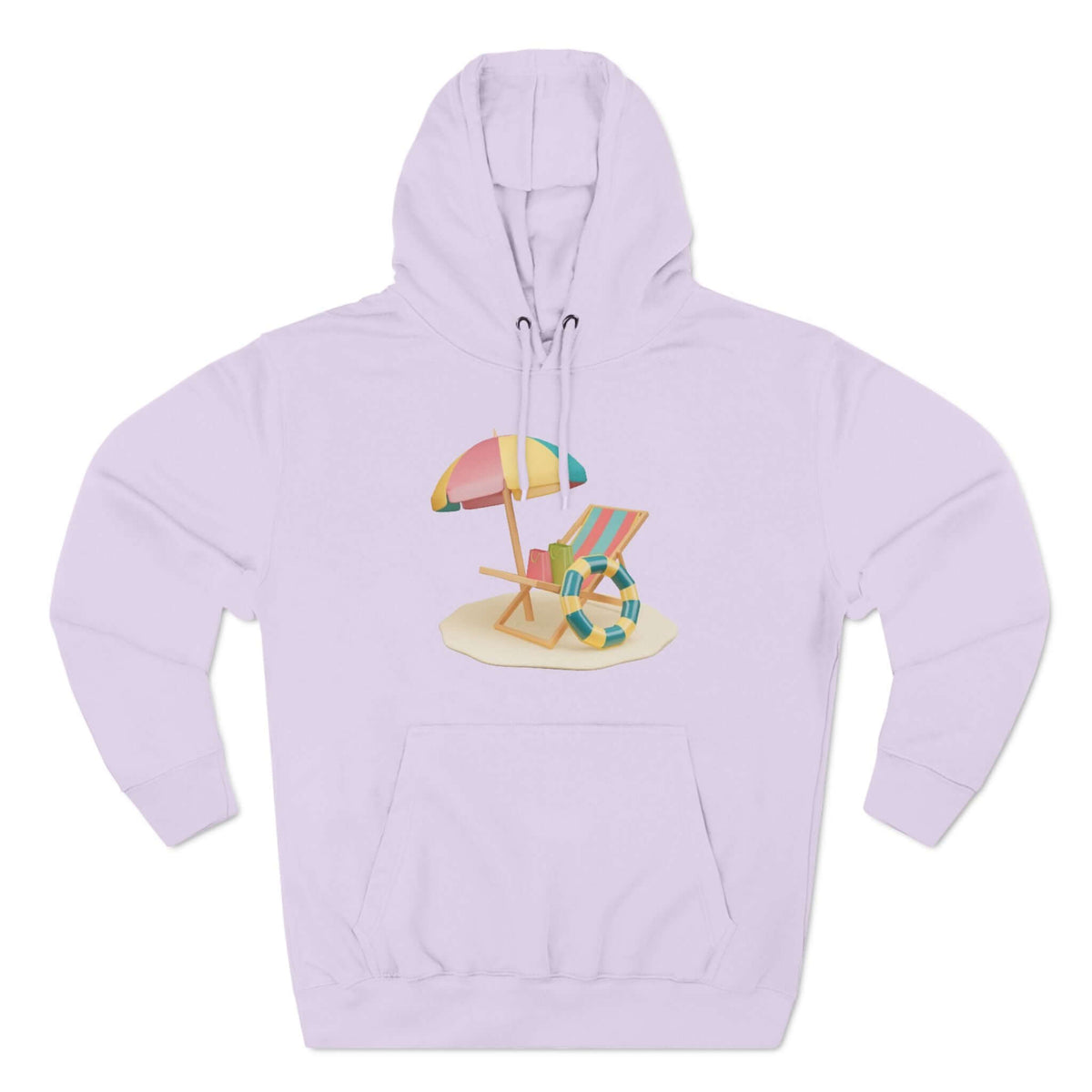 Light purple Sunny Resort Hoodie featuring beach umbrella and lounge chair graphic, perfect for cozy casual wear.
