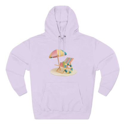 Light purple Sunny Resort Hoodie featuring beach umbrella and lounge chair graphic, perfect for cozy casual wear.