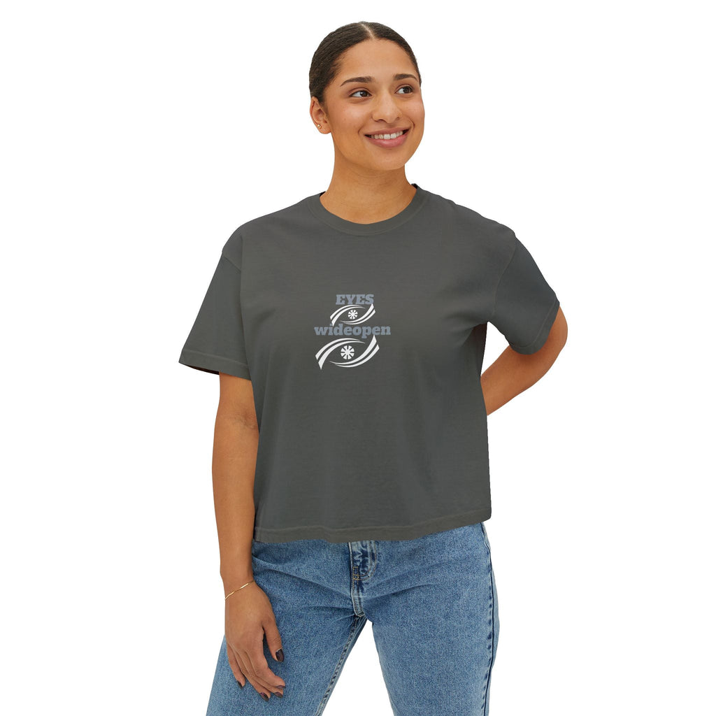 Women's Boxy Tee - 'EYES wideopen' | Casual Tee, Gift for Her, Relaxed Fit Top, Everyday Wear, Trendy Apparel Printify