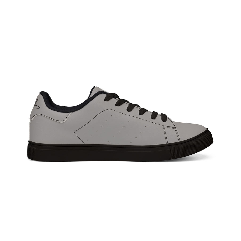 Leather Low-Top Sneakers — Minimal Gray Casual Shoes with Script Accent