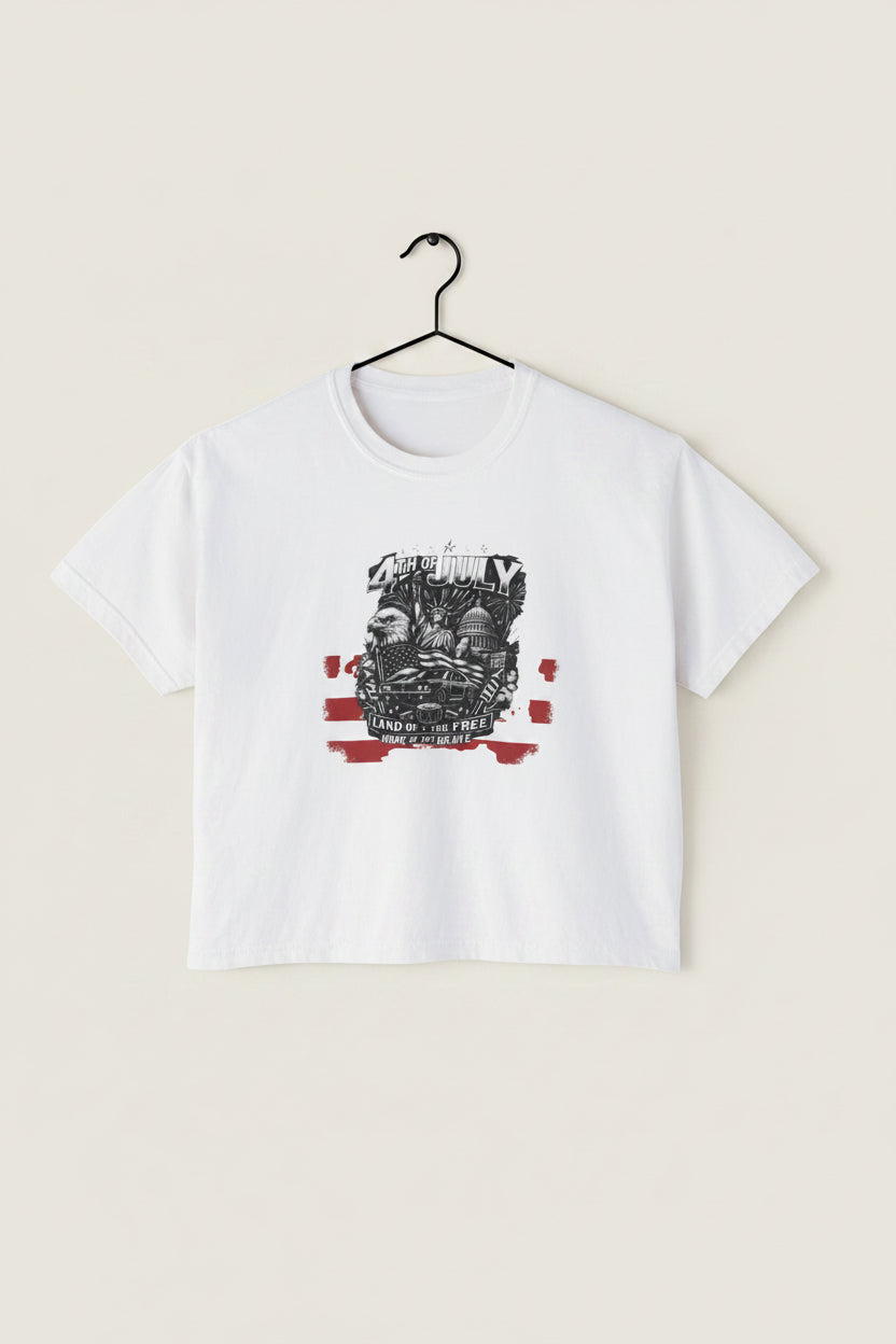 Women's Boxy Tee — Patriotic 'Land of the Free' Vintage Eagle Graphic