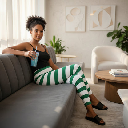Green & White Bold Stripe Leggings — Women's Casual All-Over Print Printify