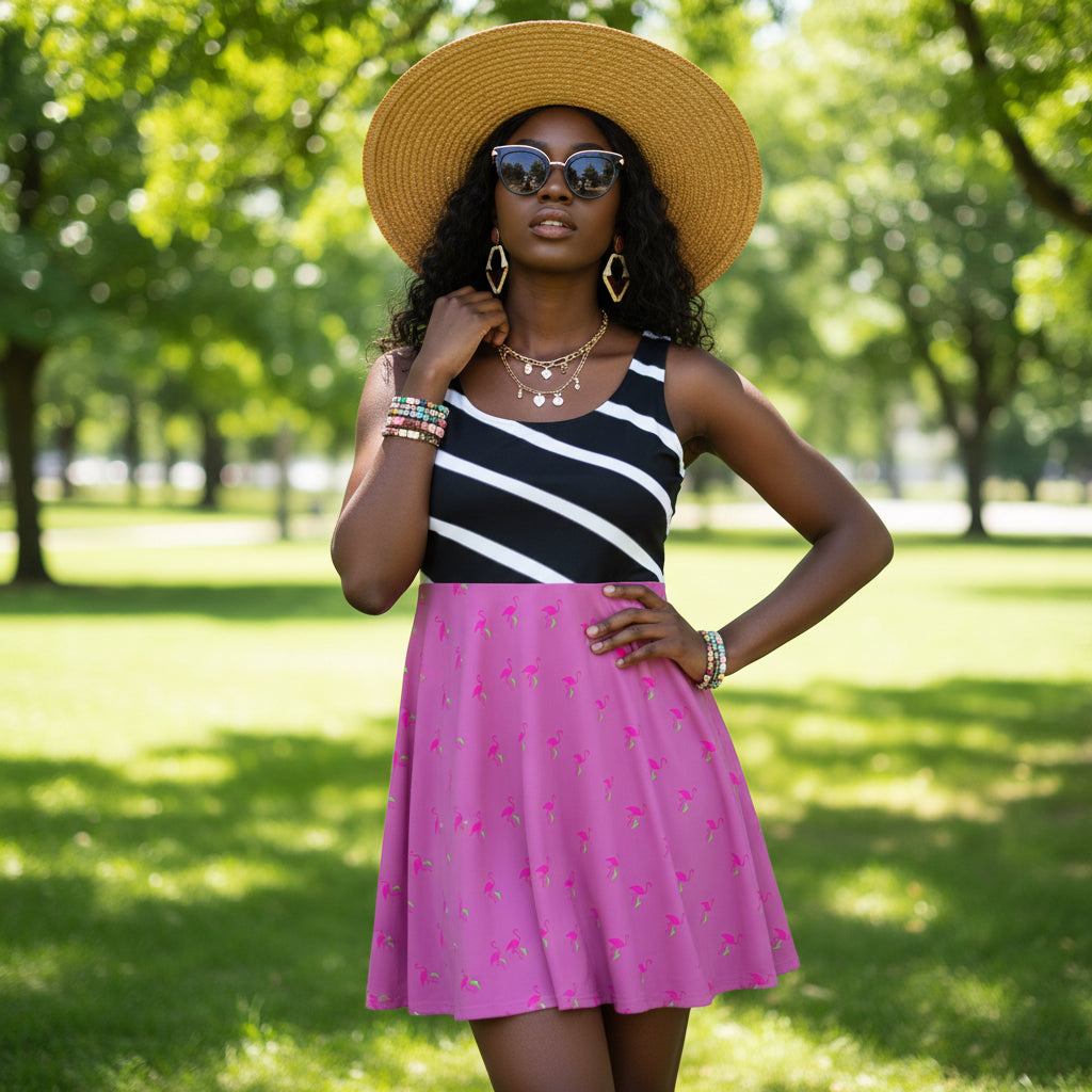 Chic Women's Skater Dress with Pink Floral Design, Casual Dress, Summer Outfit Printify