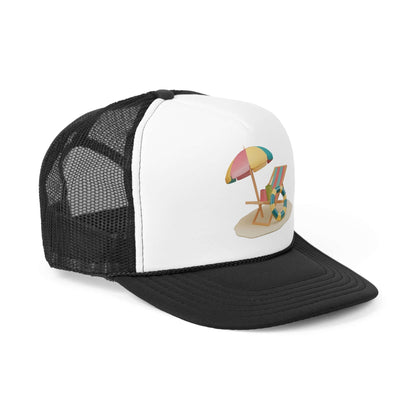 RC'nSONS Sunny Resort Trucker Cap featuring a beach scene graphic with colorful umbrella and chairs.