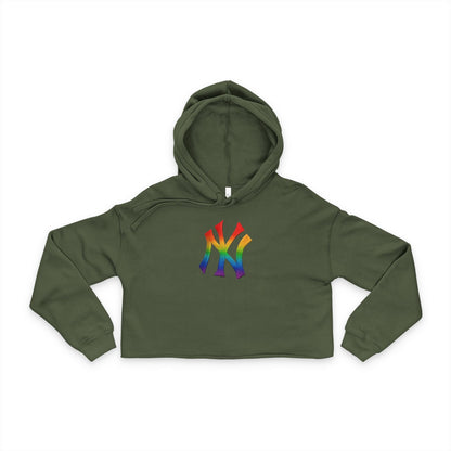 Women's Rainbow NY Cropped Hoodie, Stylish Cropped Sweatshirt, LGBTQ+ Pride Apparel, Sporty Crop Top, Trendy Casual Wear Printify