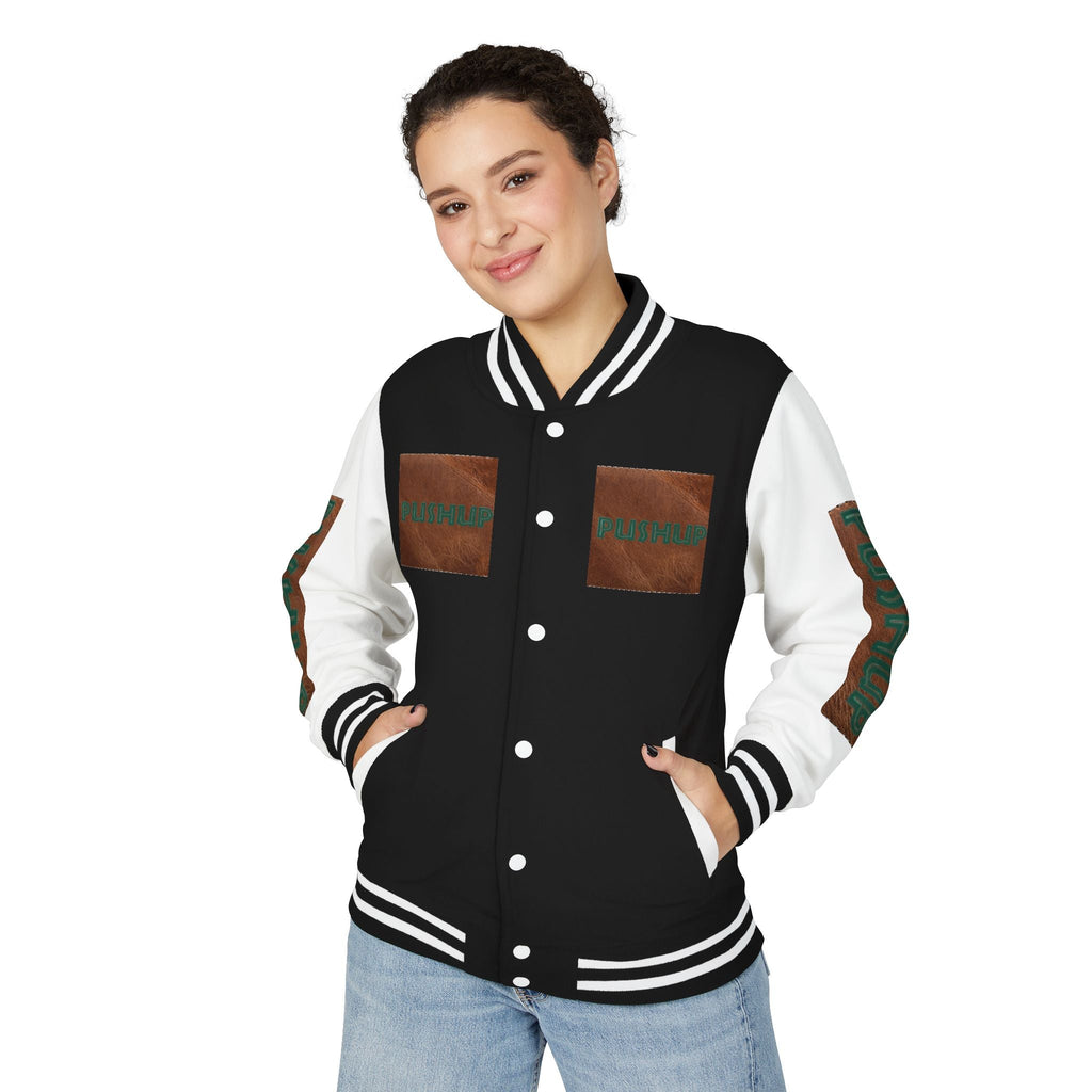 Unisex Heavyweight Letterman Jacket - Bold PUSHUP Design for Sporty Style Printify