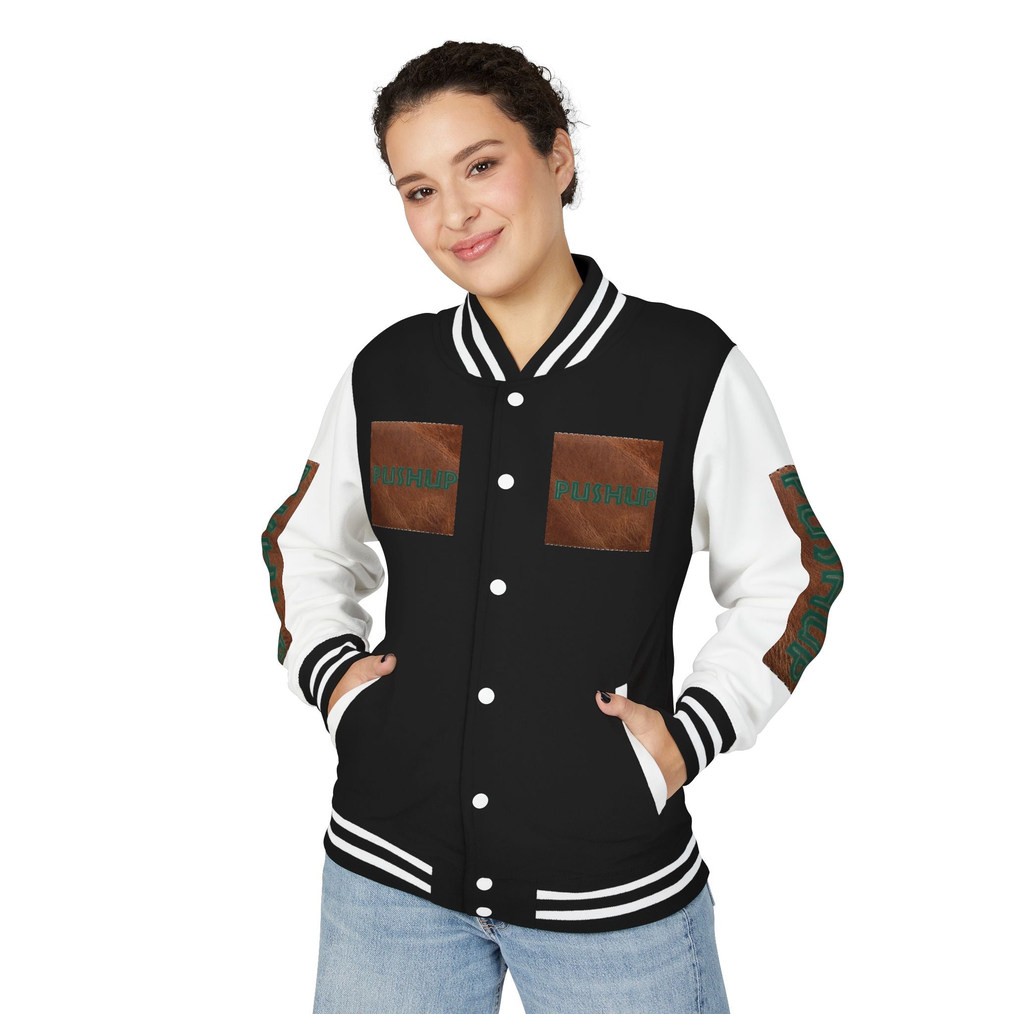 Unisex Heavyweight Letterman Jacket - Bold PUSHUP Design for Sporty Style Printify