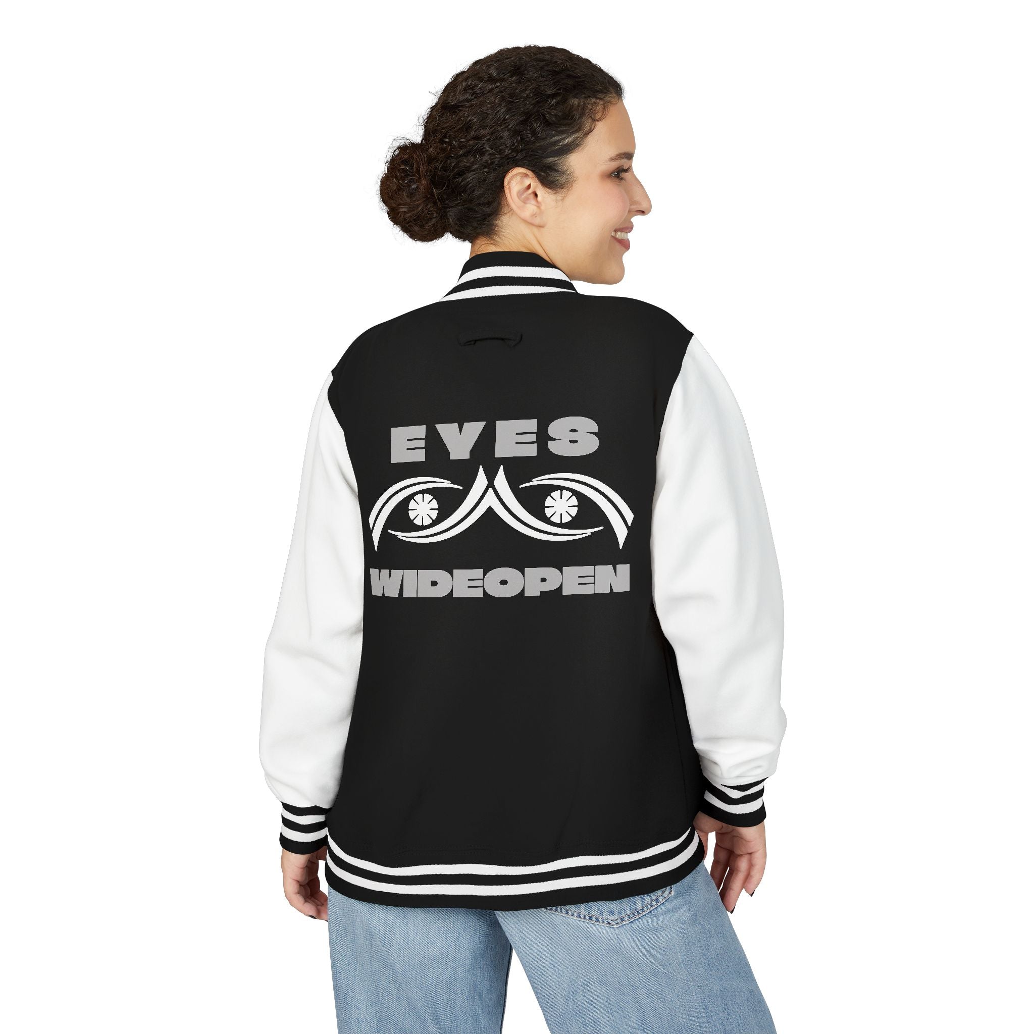 Unisex Heavyweight Letterman Jacket - Eyes Wide Open, Cozy Stylish Outerwear, Great for Game Days, Unique Gift for Teens, Trendy [...] Printify