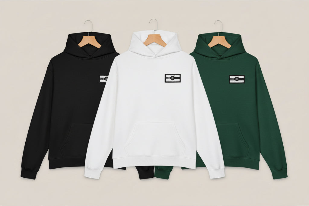 Hoodie — Minimal Black & White Flag Patch Relaxed Hoodie