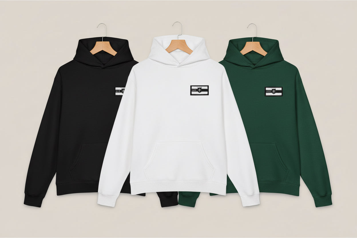 Hoodie — Minimal Black & White Flag Patch Relaxed Hoodie