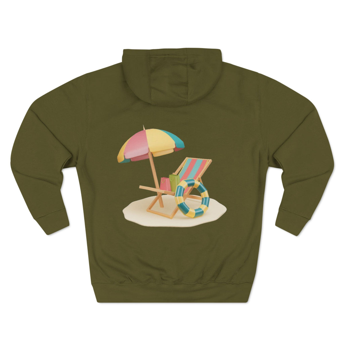 Sunny Resort Hoodie featuring a colorful beach chair and umbrella graphic on the back, perfect for a relaxed vibe.