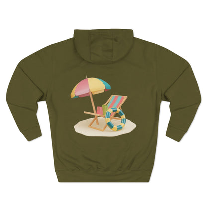 Sunny Resort Hoodie featuring a colorful beach chair and umbrella graphic on the back, perfect for a relaxed vibe.