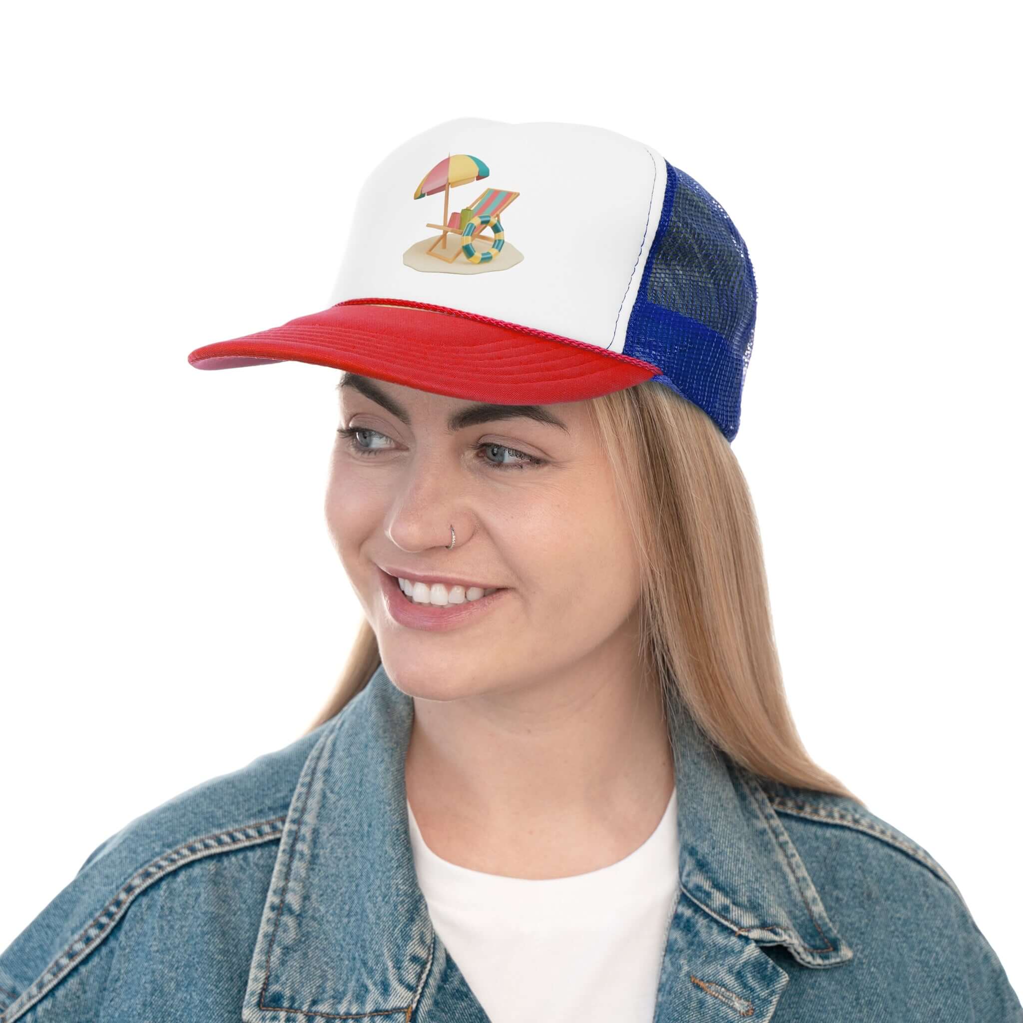 Woman wearing RC'nSONS Sunny Resort Trucker Cap with beach umbrella design, styled in casual denim jacket.