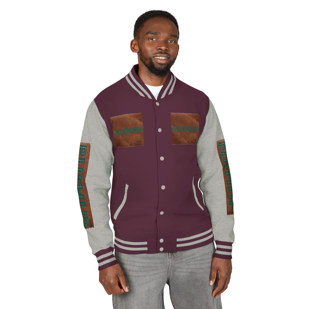 Unisex Heavyweight Letterman Jacket - Bold PUSHUP Design for Sporty Style Printify