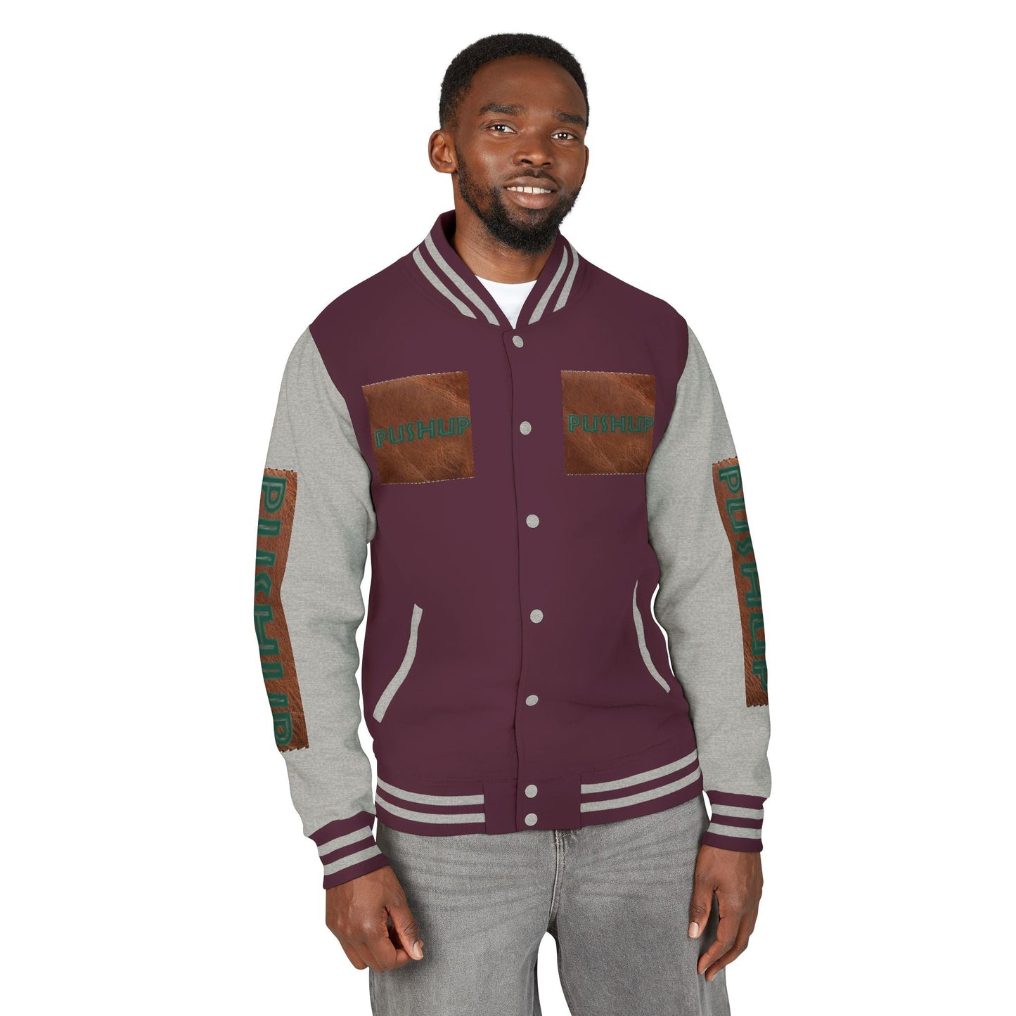 Unisex Heavyweight Letterman Jacket - Bold PUSHUP Design for Sporty Style Printify
