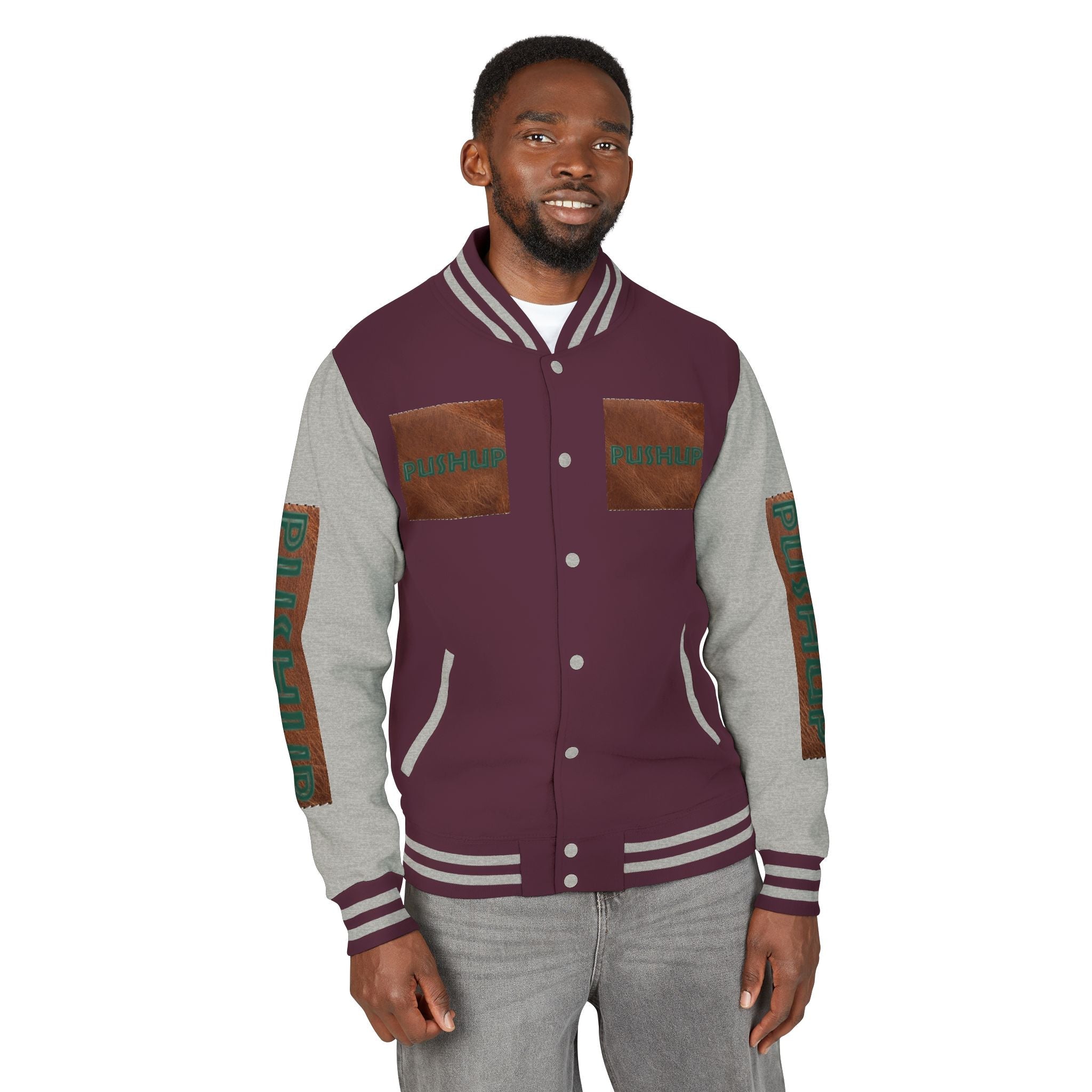 Unisex Heavyweight Letterman Jacket - Bold PUSHUP Design for Sporty Style Printify