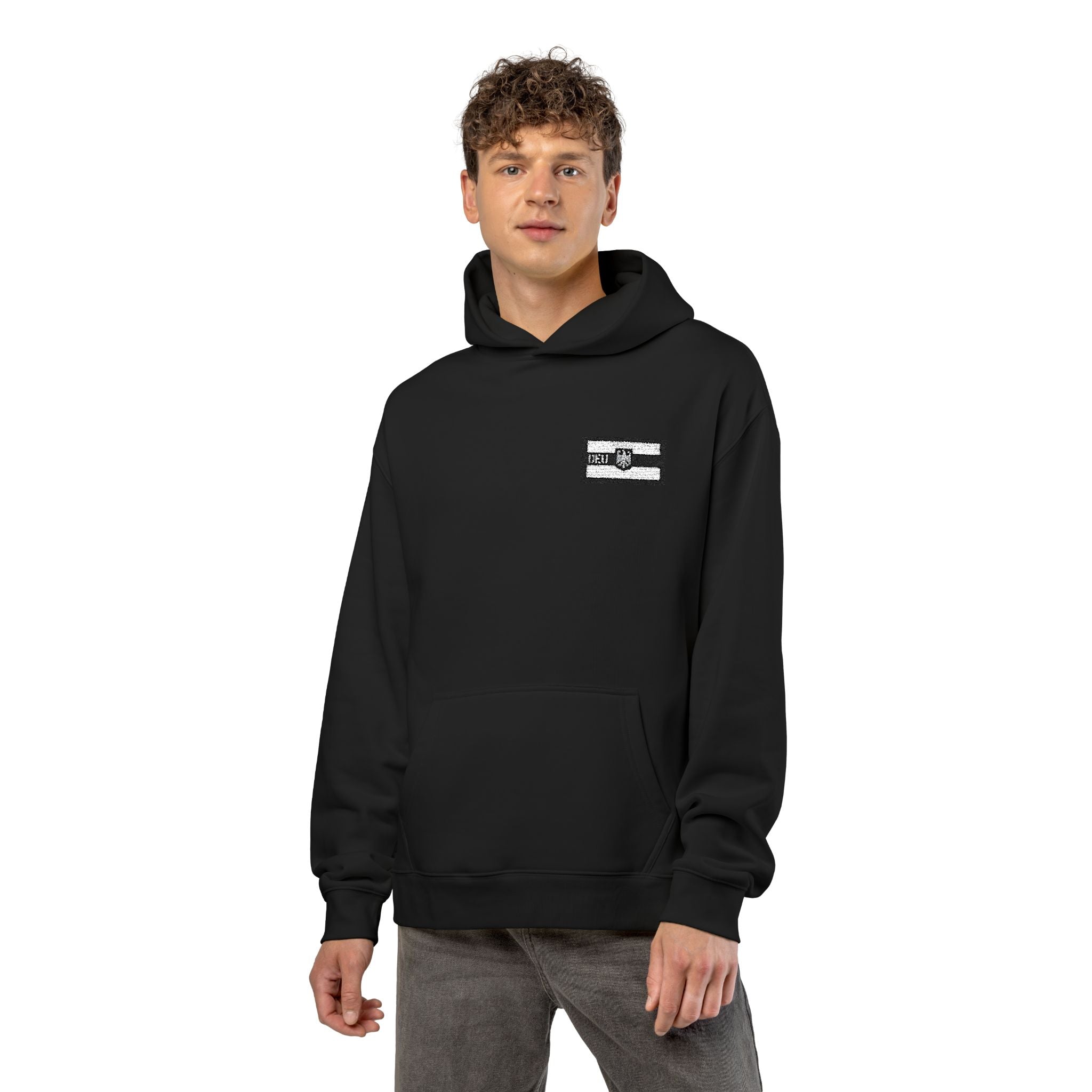 Hoodie — Minimal Black & White Flag Patch Relaxed Hoodie